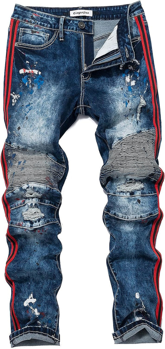 Jeans for Men Skinny Jeans Men Ripped Distressed Denim Jeans Destroyed Slim Fit Jeans Elastic Cool Denim Pants Blue Red